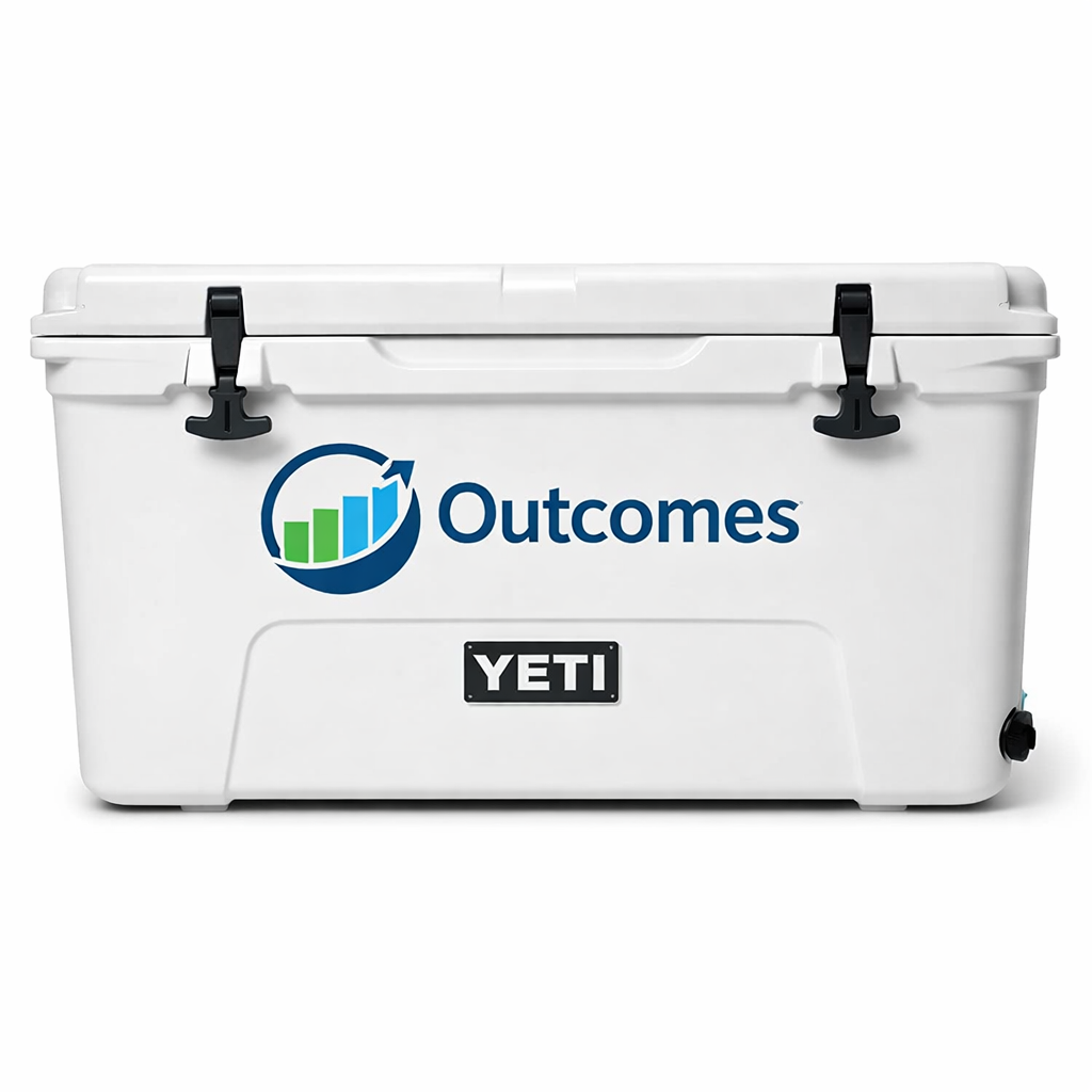 large white yeti cooler with outcomes logo on a white background-1